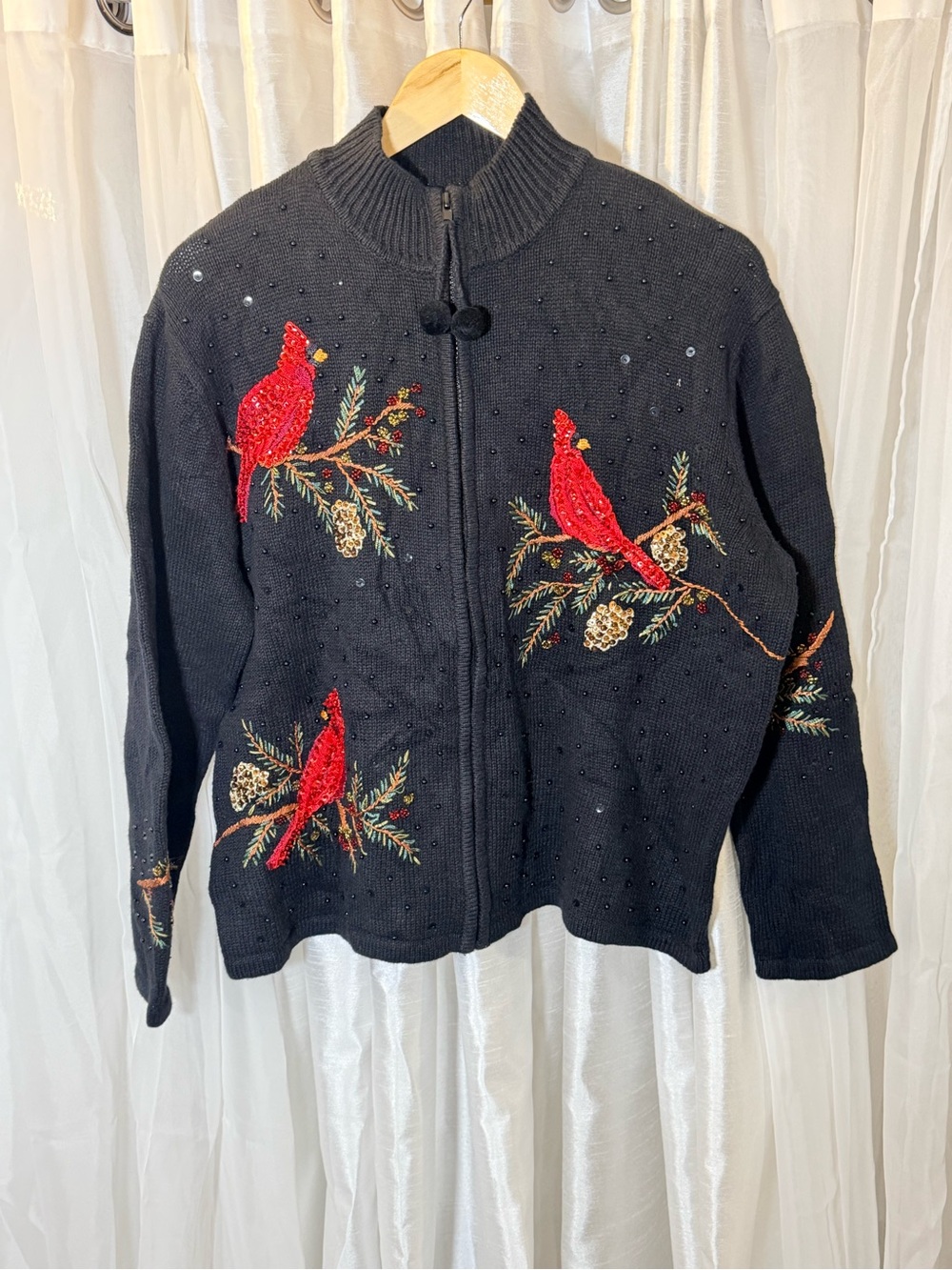 Black Embroidered Cardinal Zip-Front Women's Christmas Sweater